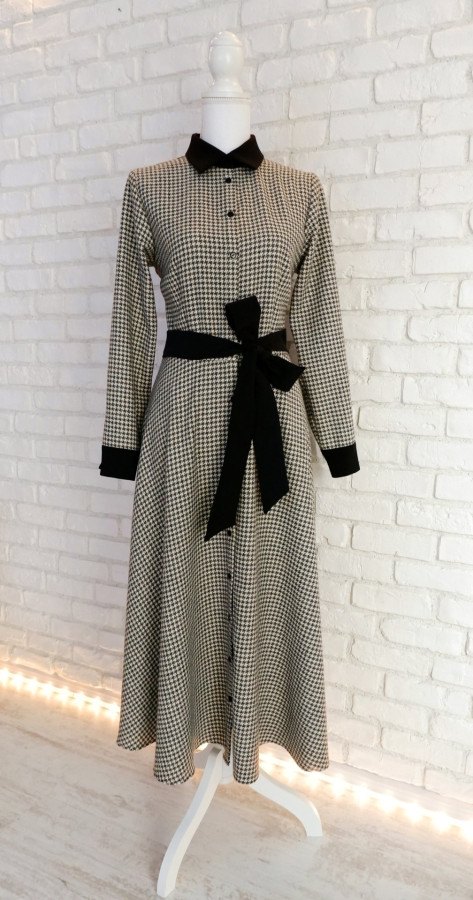 Rochie Cămașă Lungă Stofa Lână Carouri Bej cu Negru – 2