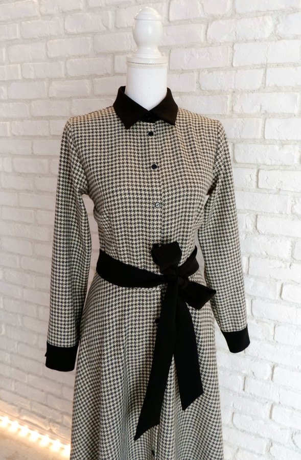 Rochie Cămașă Lungă Stofa Lână Carouri Bej cu Negru – 3