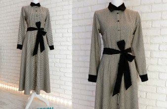 Rochie Camasa Lunga Stofa Lana Carouri Bej cu Negru