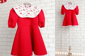 Rochita Fetite Rosie cu Guler Mare Motive Craciun