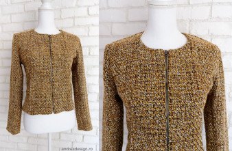 Sacou Cambrat cu Fermoar Stofa Chanel Maro Mustar