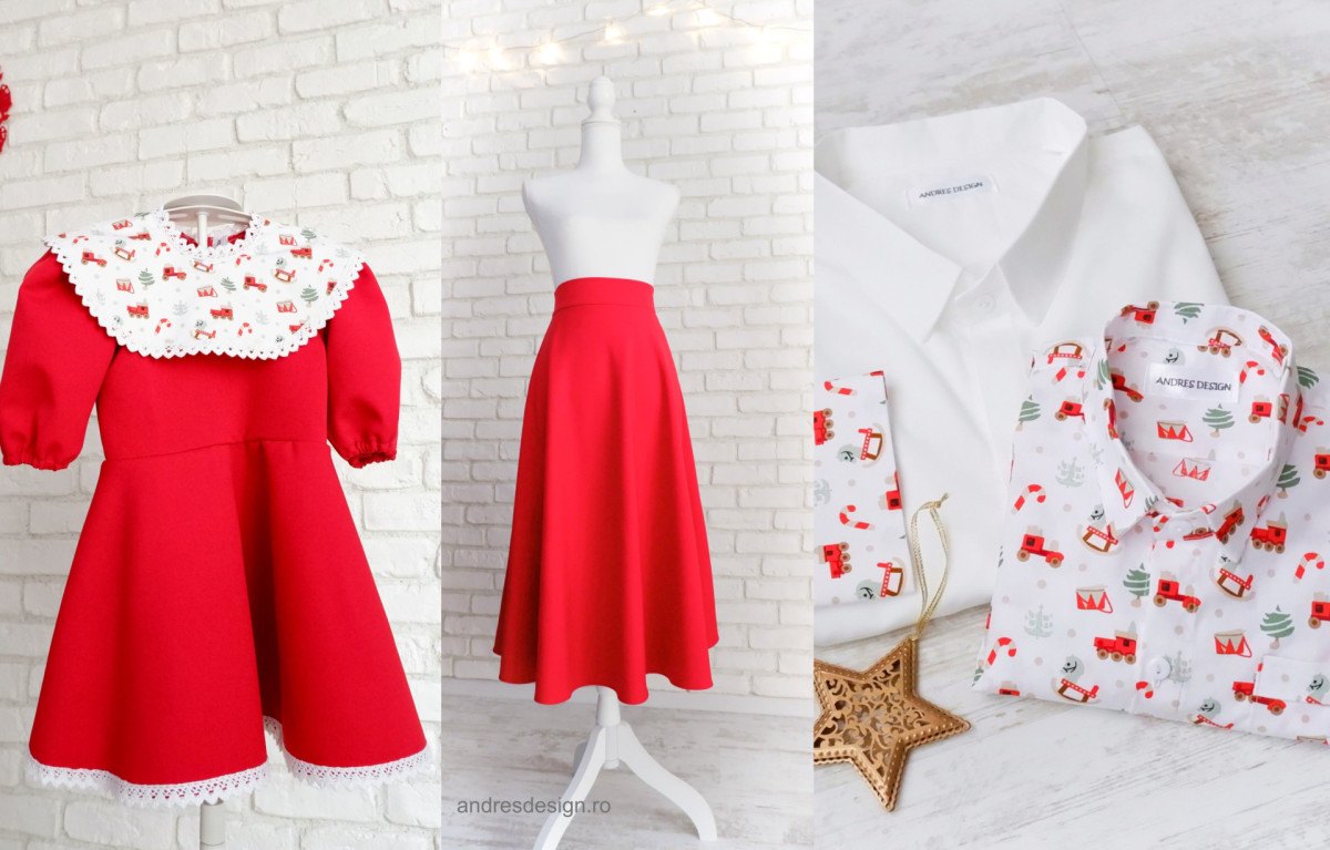 Set Elegant Familie Roșu cu Imprimeu Jucării Crăciun
