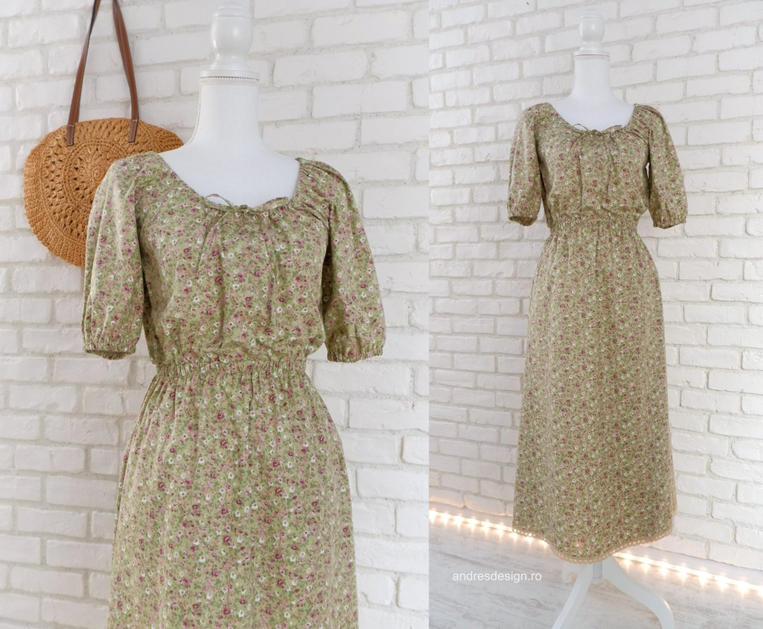 Rochie Pânză Talie Elastică Vernil cu Flori Mici Mov