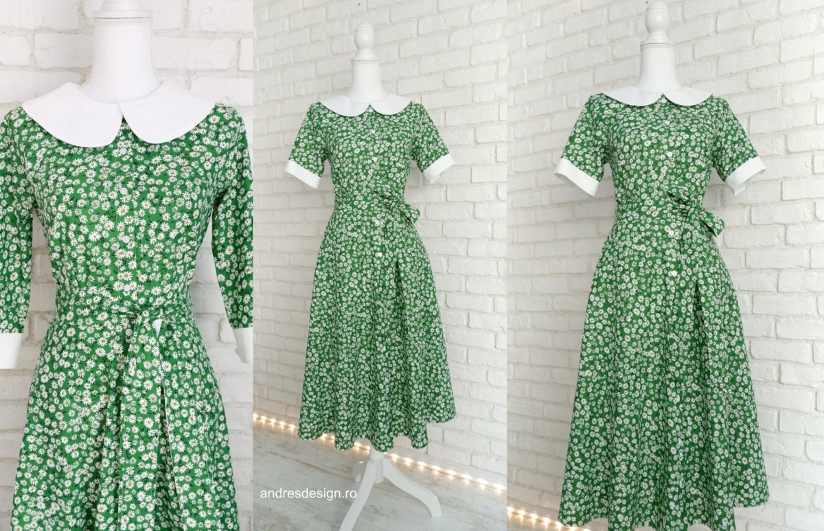 Rochie Cămașă Verde cu Margarete și Guler Mare Rotund