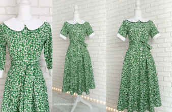 Rochie Camasa Verde cu Margarete si Guler Mare Rotund