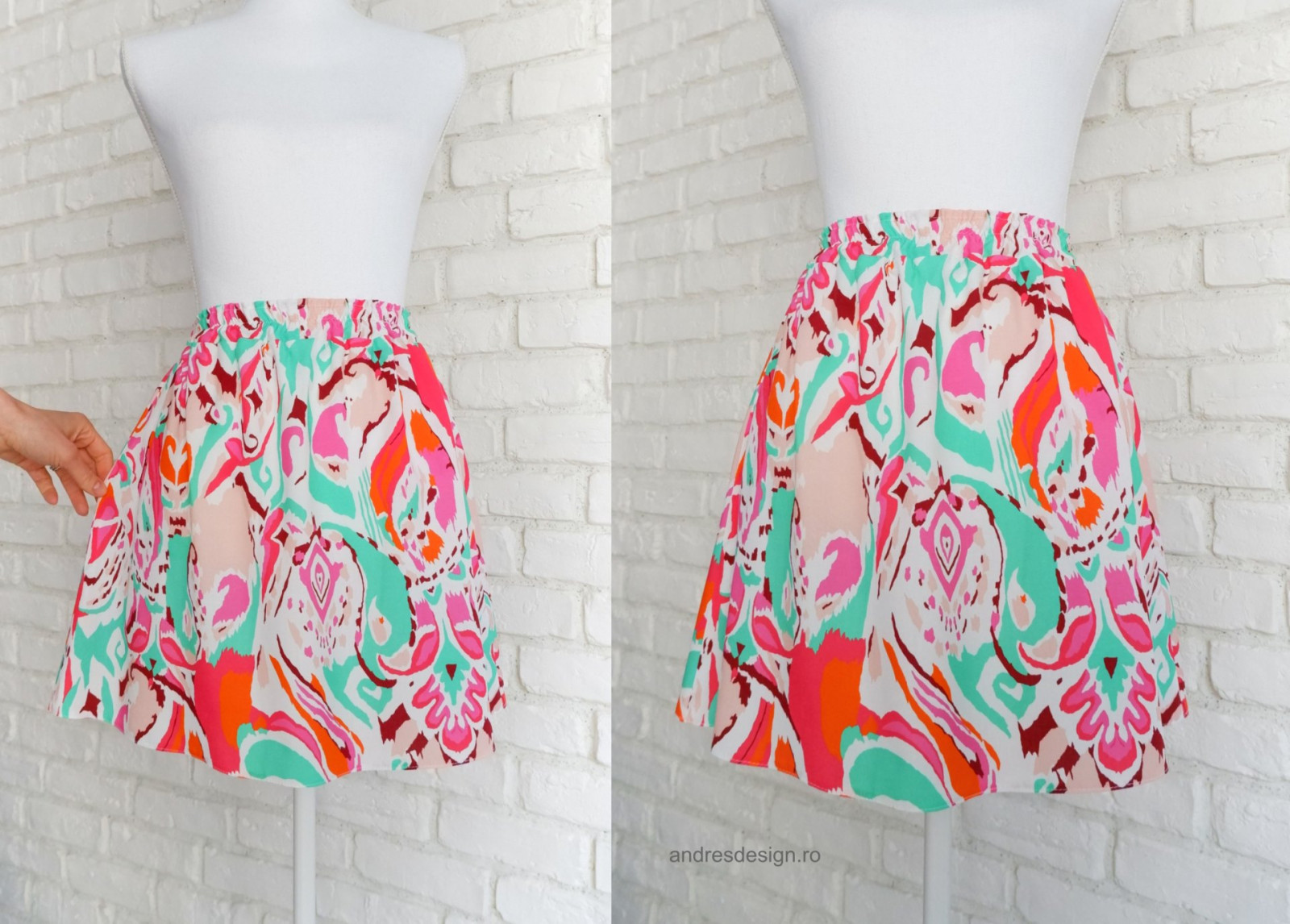 Fusta Vaporoasa Talie Elastica Alba cu Print Multicolor