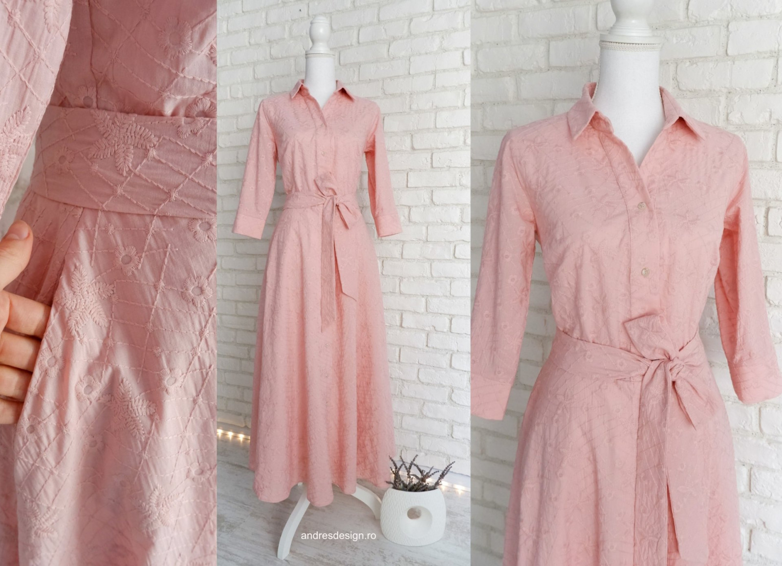 Rochie Camasa Lunga Panza Brodata Roz Prafuit