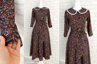 Rochie Camasa Neagra cu Flori si Guler Mare Rotund
