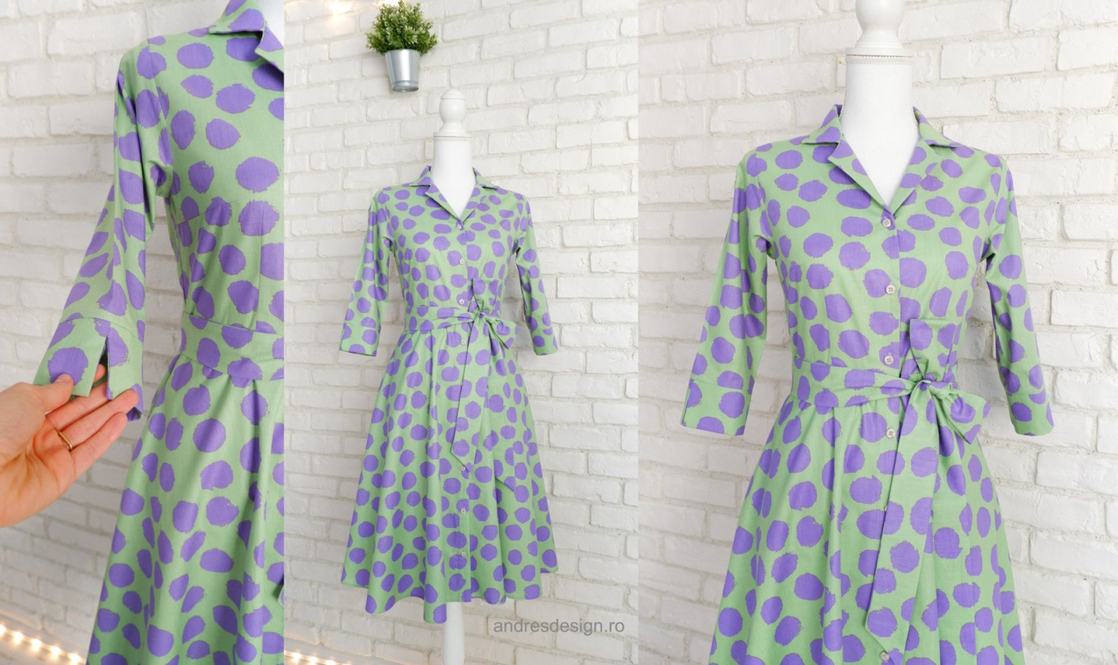 Rochie Camasa cu Revere Verde cu Buline Mov