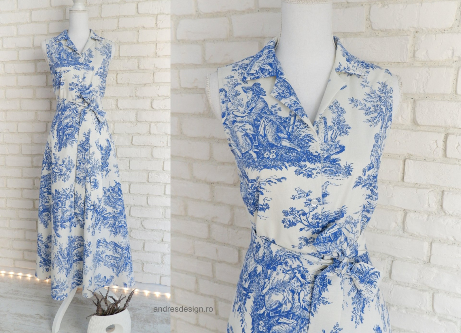 Rochie Camasa cu Revere Imprimeu Frantuzesc Toile de Jouy