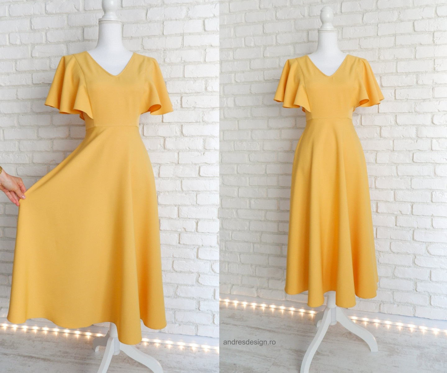 Rochie Clos Eleganta Galbena cu Volane pe Umeri