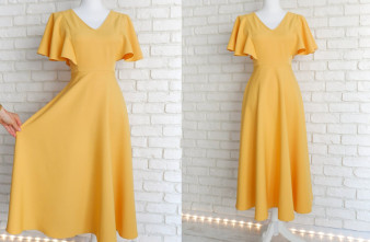 Rochie Clos Eleganta Galbena cu Volane pe Umeri