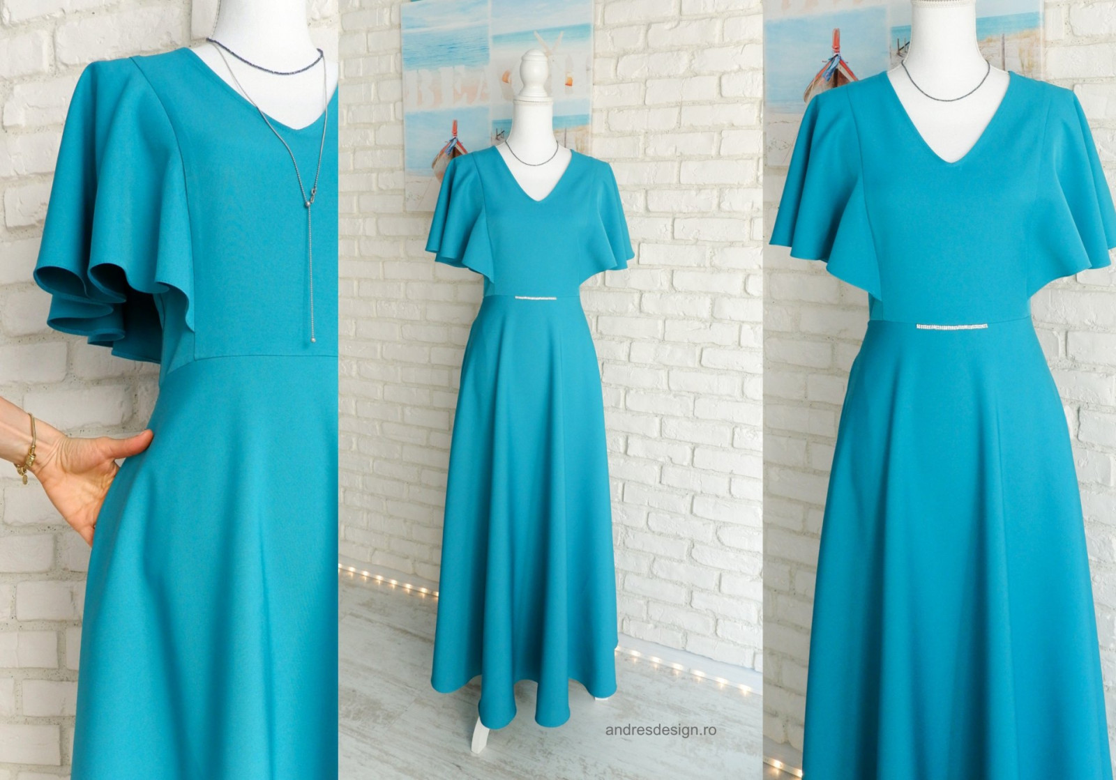 Rochie Clos Eleganta Turcoaz cu Volane pe Umeri