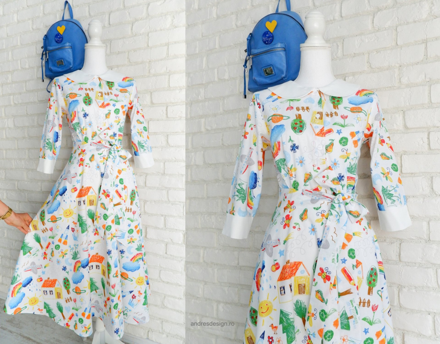 Rochie Camasa Desene Copii si Guler Mare Rotund